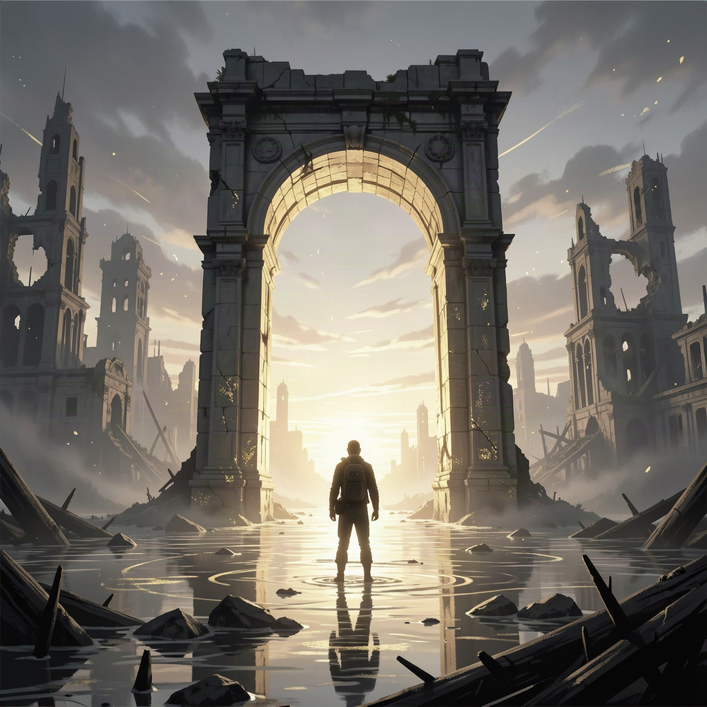 Lone traveller before a glowing ruined archway