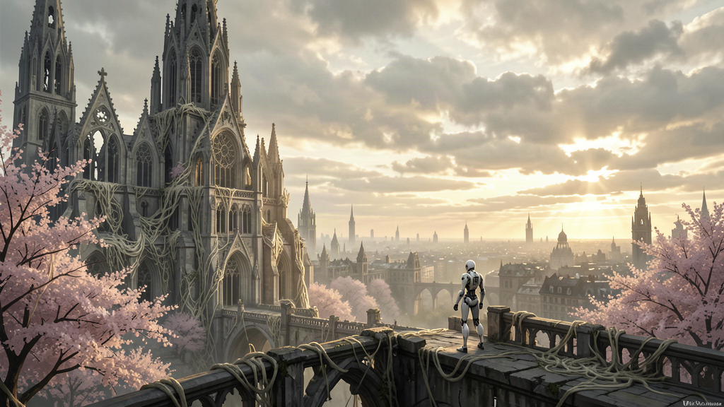 Post-apocalyptic ruins bathed in golden light